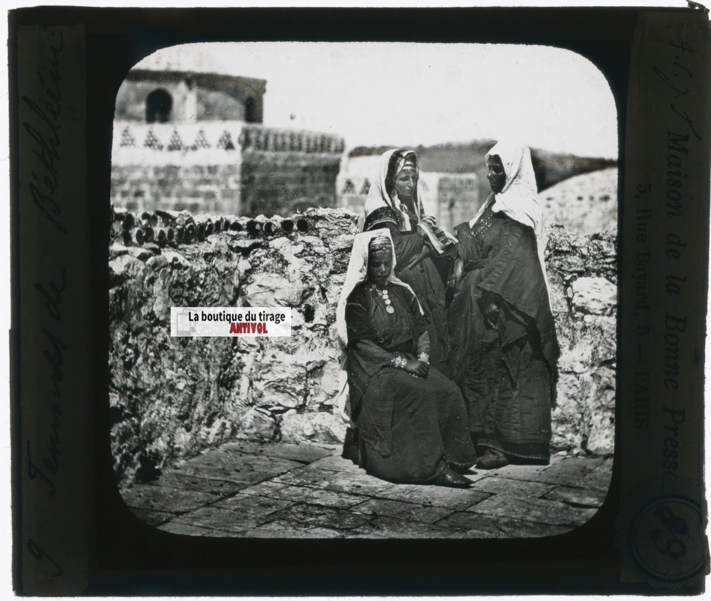 Femmes de Bethléem, photo ancienne plaque verre, noir & blanc, positif 8,5x10 cm
