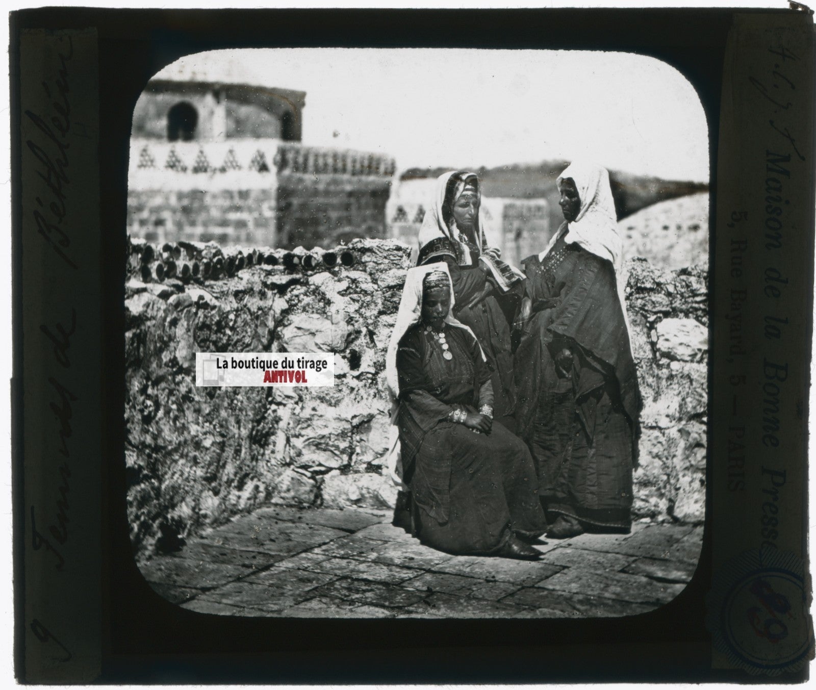 Femmes de Bethléem, photo ancienne plaque verre, noir & blanc, positif 8,5x10 cm
