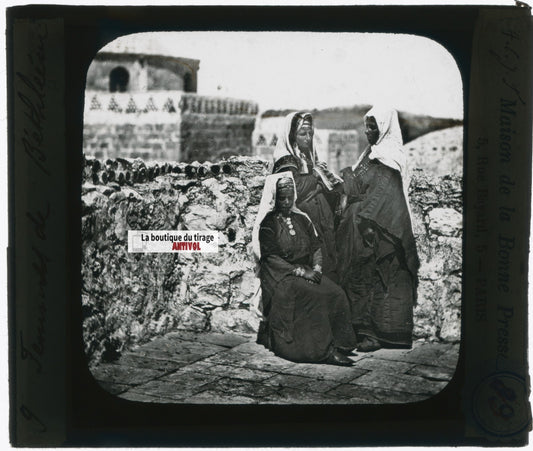 Femmes de Bethléem, photo ancienne plaque verre, noir & blanc, positif 8,5x10 cm