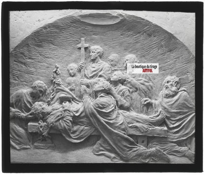 Scène religieuse, Sculpture, ancienne plaque de verre, positif 8,5x10 cm
