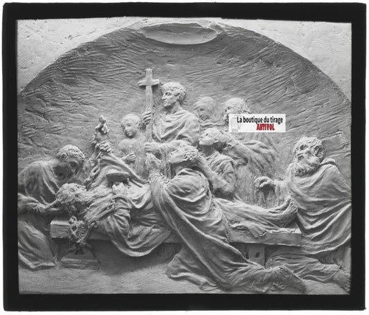 Scène religieuse, Sculpture, ancienne plaque de verre, positif 8,5x10 cm