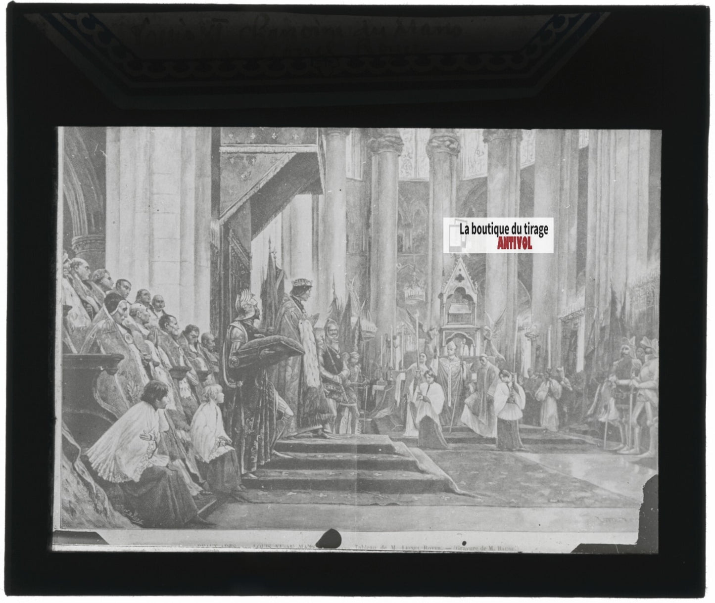 Scène religieuse, Louis XI, dessin peinture, plaque verre, positif 8,5x10 cm