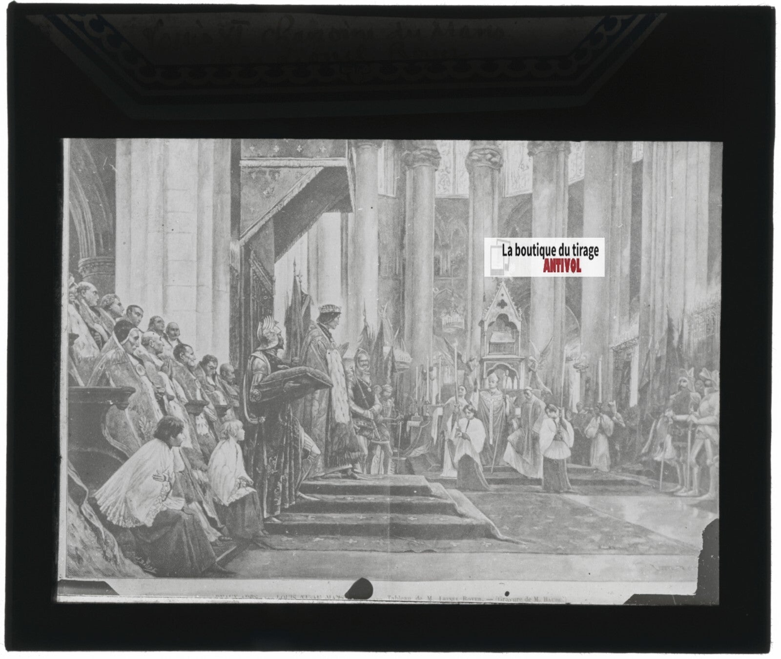 Scène religieuse, Louis XI, dessin peinture, plaque verre, positif 8,5x10 cm