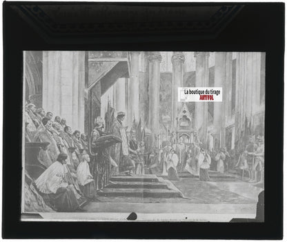 Scène religieuse, Louis XI, dessin peinture, plaque verre, positif 8,5x10 cm