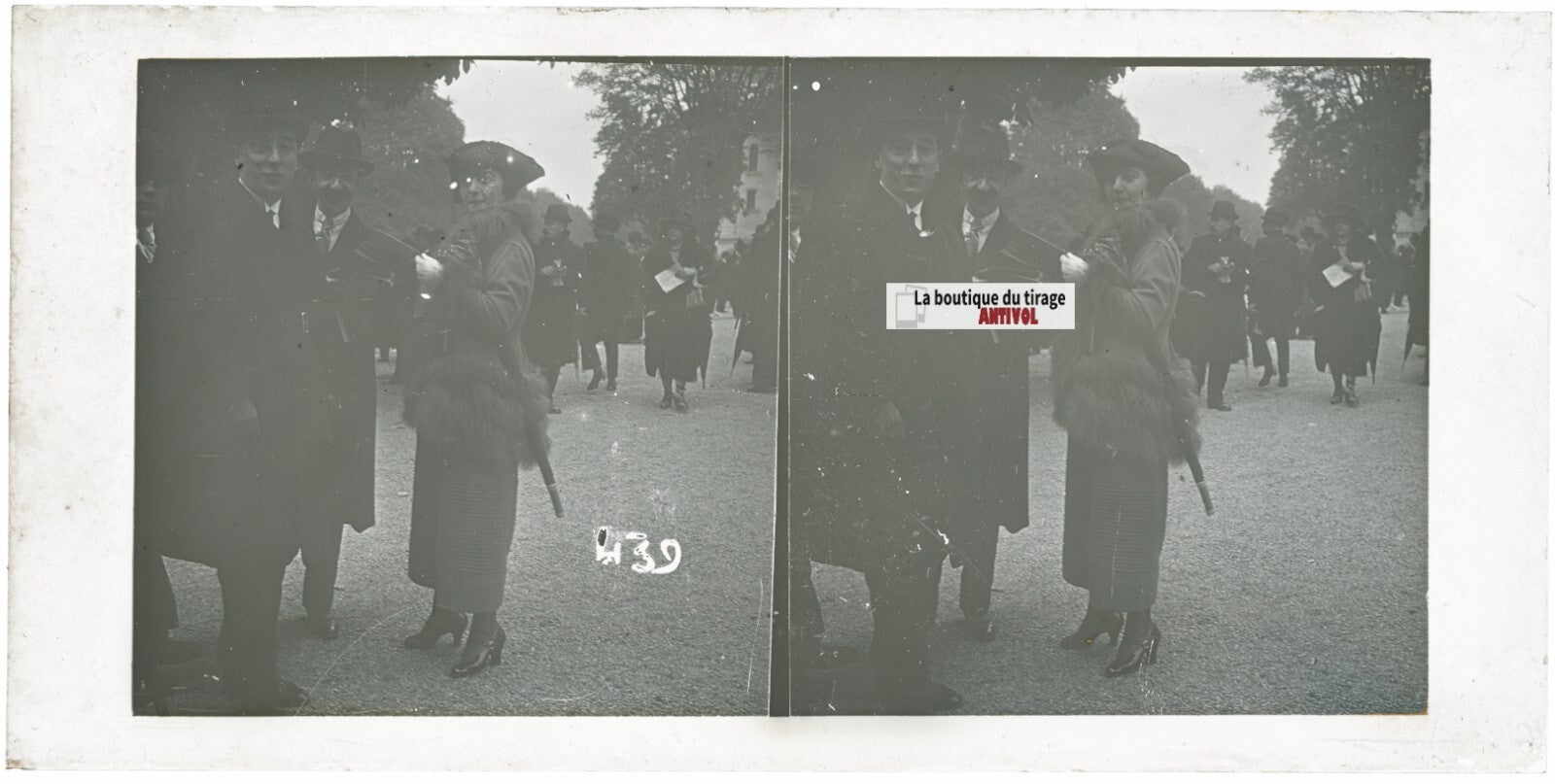 Scène de vie, Longchamp, Paris, plaque verre stéréoscopique, positif 8,5x17 cm