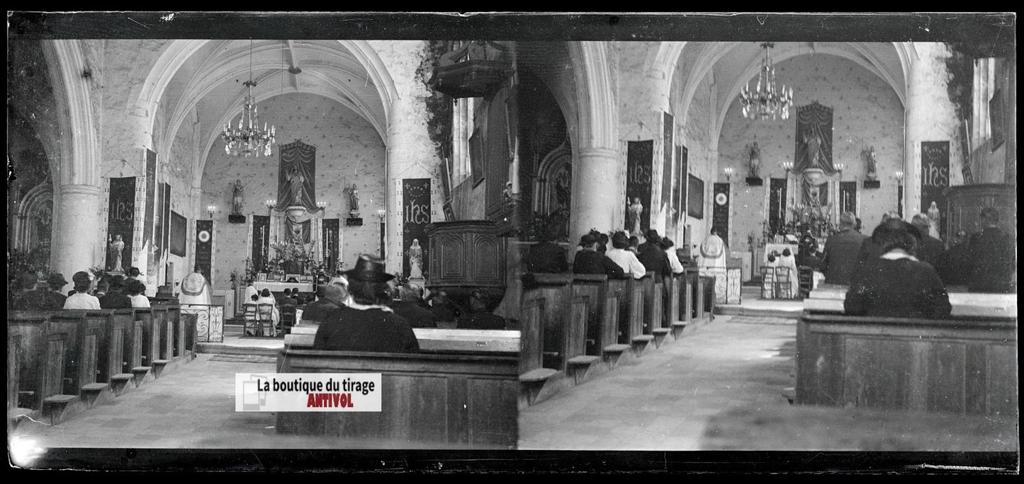 Eglise, village France, plaque verre, photo ancienne, négatif N&B 6x13 cm
