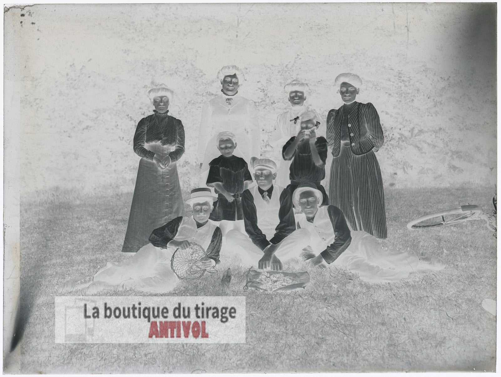 Sortie familiale à la campagne, plaque verre, photo ancienne, négatif 9x12 cm