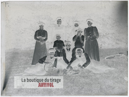 Sortie familiale à la campagne, plaque verre, photo ancienne, négatif 9x12 cm