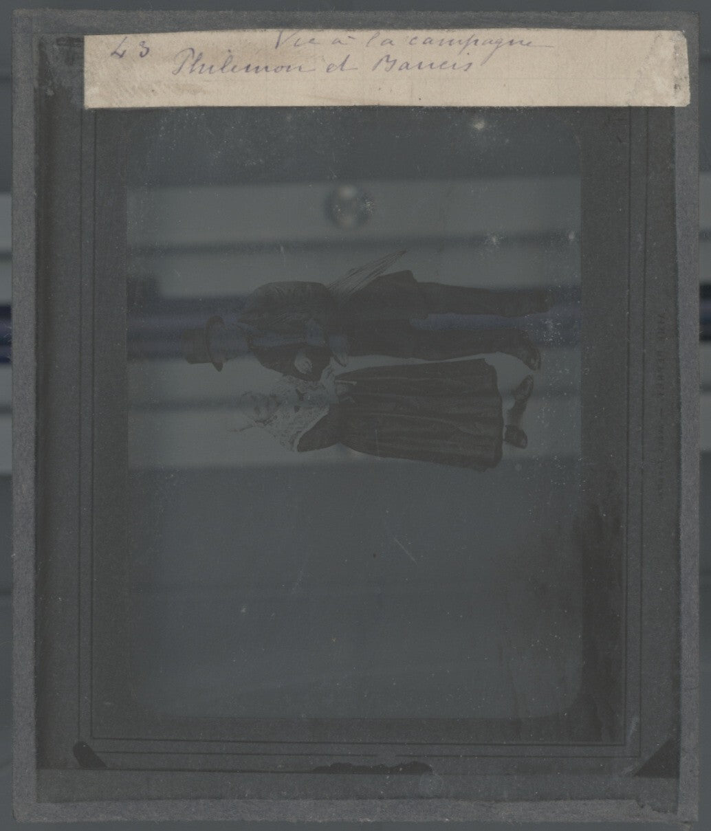 Philémon et Baucis, dessin, photo ancienne plaque de verre, positif 8,5x10 cm