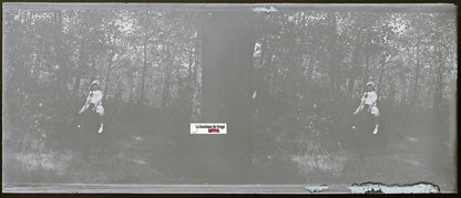 Fillette, cheval, Plaque verre photo stéréo, négatif noir & blanc 4,5x10,7 cm