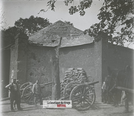 Artillerie française, canons WW1, plaque verre photo ancienne stéréo 6x13 cm