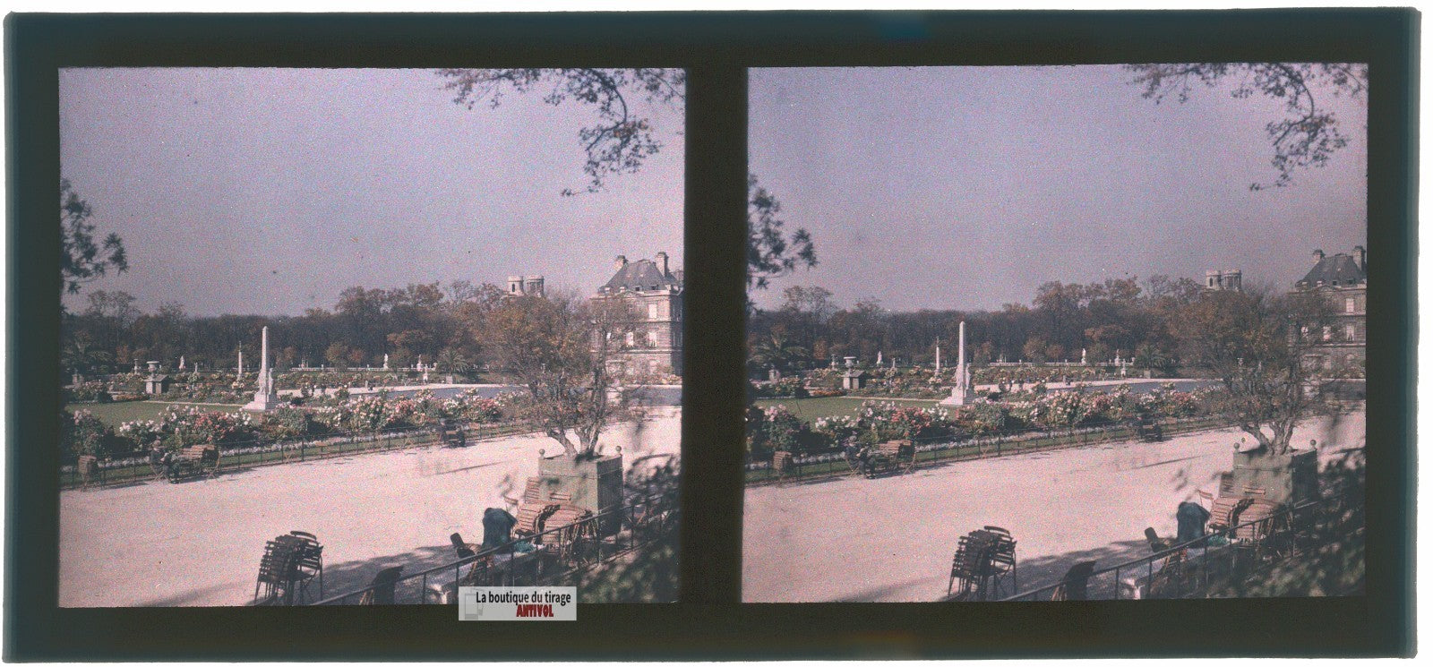 Paris, jardin Luxembourg, plaque verre, photo ancienne stéréo 6x13 cm Autochrome