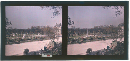 Paris, jardin Luxembourg, plaque verre, photo ancienne stéréo 6x13 cm Autochrome