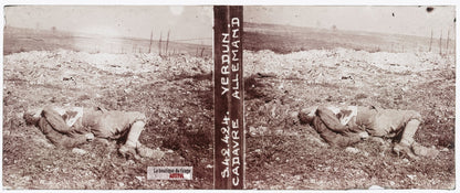 Verdun, cadavre allemand, guerre WW1, plaque verre stéréo, photo 4,5x10,7 cm