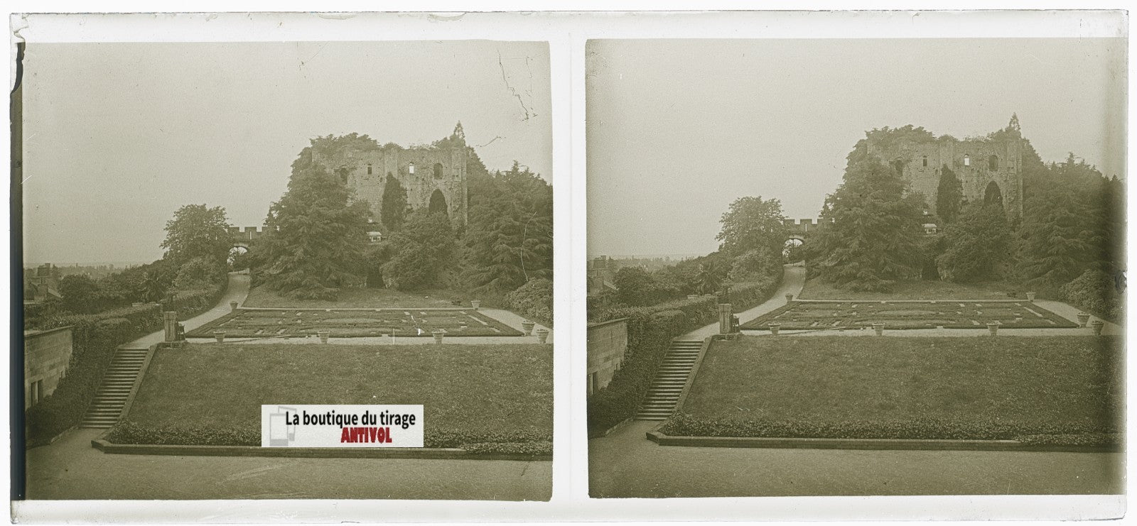 Ruines Château Langeais, plaque verre, photo stéréoscopie, noir & blanc 6x13 cm