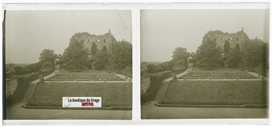 Ruines Château Langeais, plaque verre, photo stéréoscopie, noir & blanc 6x13 cm