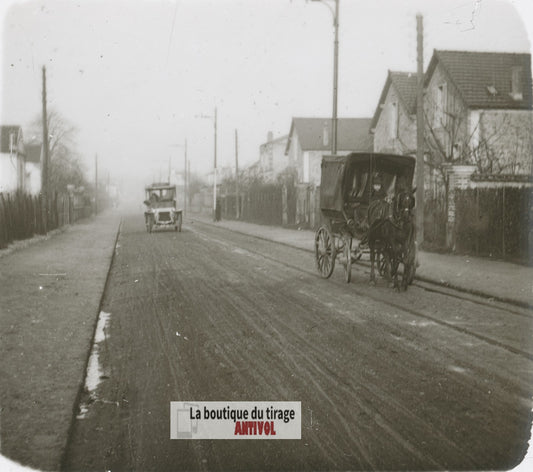 Voitures hippomobiles, route, plaque verre photo ancienne stéréo 6x13 cm