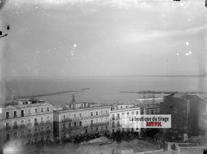 Port méditerranéen, plaque verre photo ancienne, négatif 9x12 cm