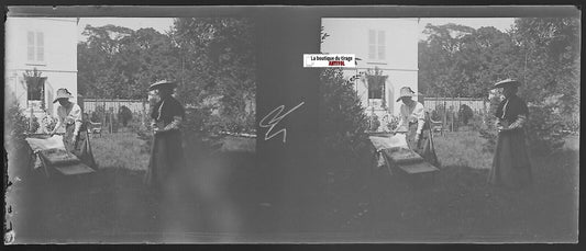 Femmes en robe, Plaque verre photo stéréo, négatif noir & blanc 4,5x10,7 cm