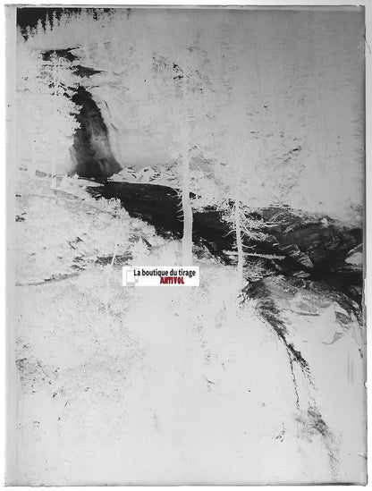 Pyrénées, cascade, Cauterets, Plaque verre photo, négatif noir & blanc 9x12 cm