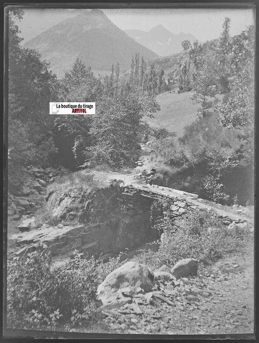 Pyrénées, paysage, Plaque verre photo ancienne, négatif noir & blanc 9x12 cm