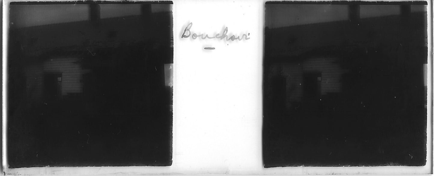 Bouchoir, guerre, Plaque verre stéréo positif ancien noir & blanc 4,5x10,7 cm