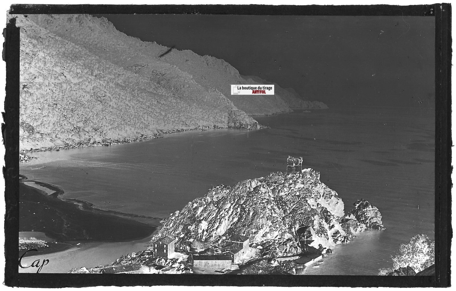Plaque verre photo négatif noir & blanc 9x14 cm, Piana, Corse, Golfe Porto