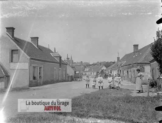Enfants et familles, village, plaque verre, photo ancienne, négatif 9x12 cm
