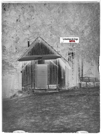 Forêt, cabane, bois, Plaque verre photo, négatif ancien noir & blanc 9x12 cm