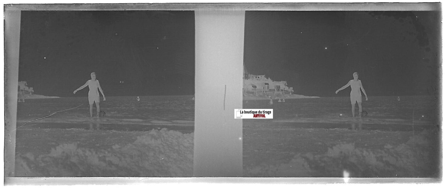 Baignade, mer, Plaque verre photo stéréo, négatif noir & blanc 4,5x10,7 cm