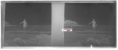 Baignade, mer, Plaque verre photo stéréo, négatif noir & blanc 4,5x10,7 cm