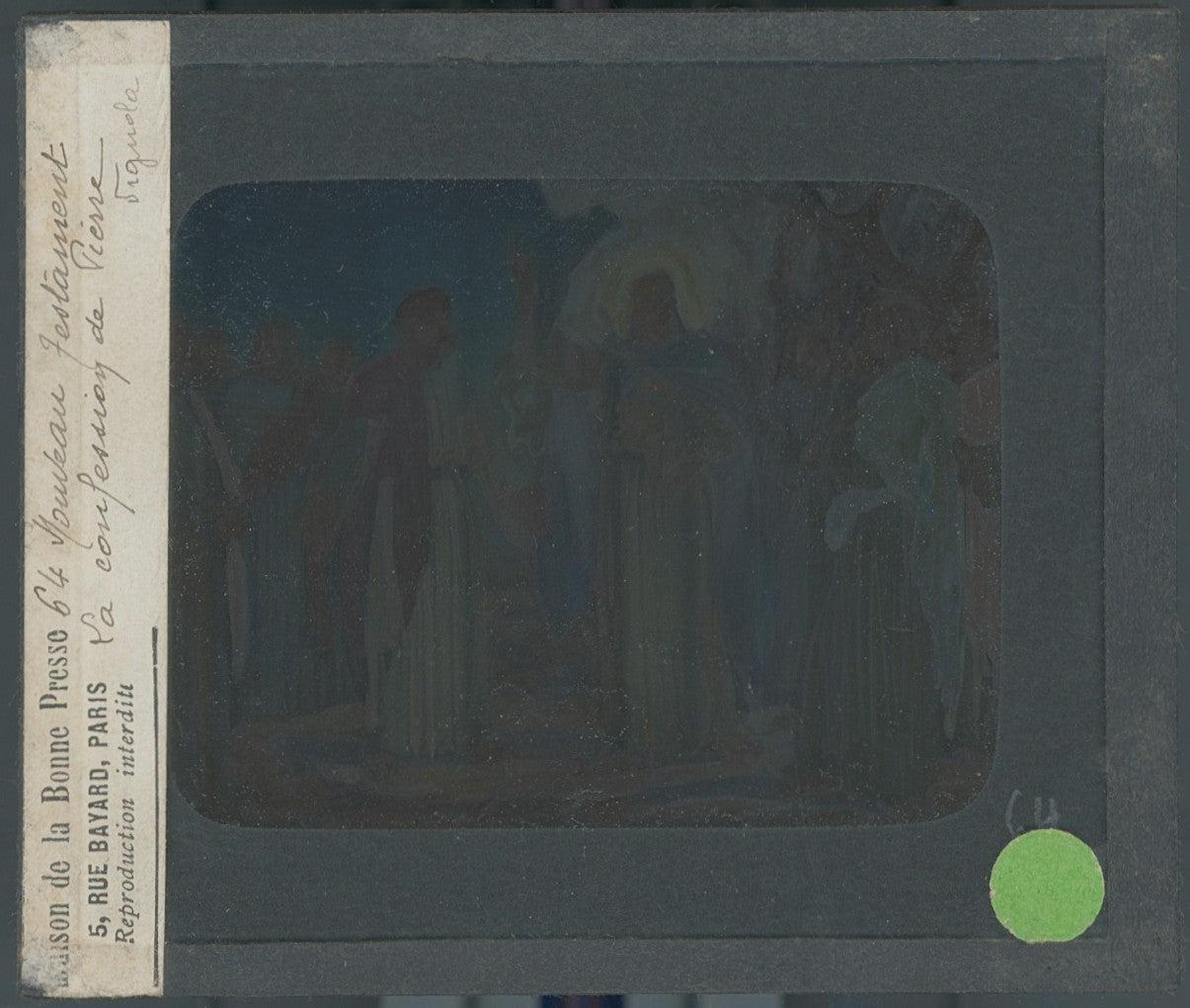 La confession de Pierre, dessin, plaque verre ancienne, couleur 8,5x10 cm