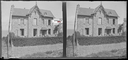 Perros-Guirec, maison, Plaque verre photo stéréo, négatif noir & blanc 6x13 cm