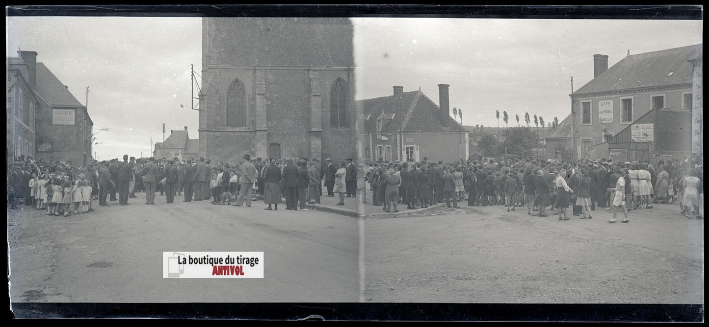 Fête de village, France, plaque verre, photo ancienne, négatif N&B 6x13 cm