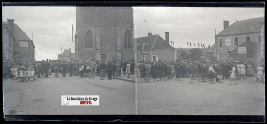 Fête de village, France, plaque verre, photo ancienne, négatif N&B 6x13 cm