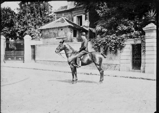 Plaque verre photo ancienne négatif 13x18 cm homme avec chapeau cheval vintage 