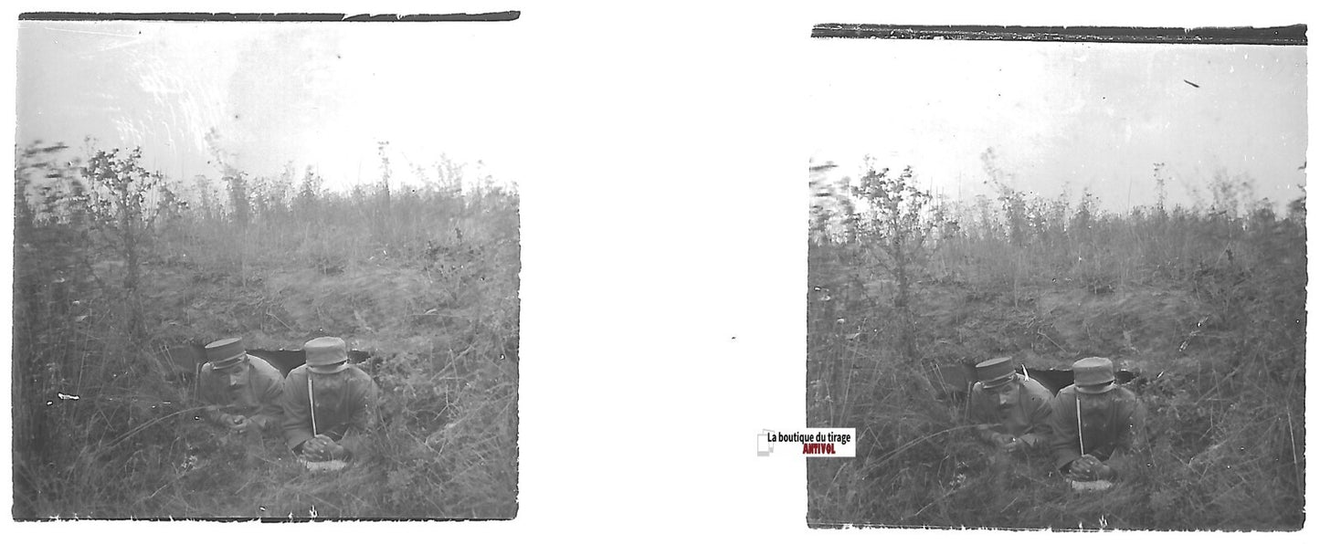 Tranchées, Poilus, Plaque verre stéréo, positif ancien noir & blanc 4,5x10,7 cm