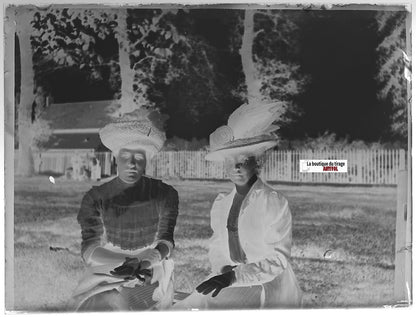 Femmes, chapeau, Plaque verre photo ancienne, négatif noir & blanc 9x12 cm