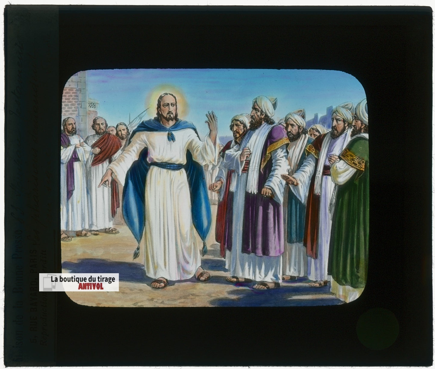 Les pharisiens, Jésus, Vignola, dessin, plaque verre ancienne, couleur 8,5x10 cm