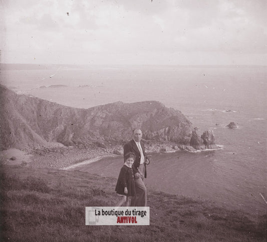 Nez de Jobourg, Normandie, plaque verre photo ancienne stéréo 6x13 cm