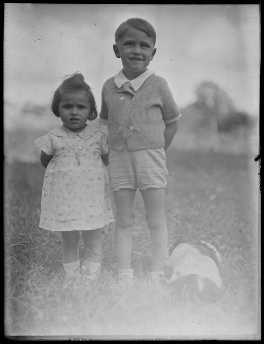 Plaque verre photo ancienne négatif noir et blanc 9x12 cm fille garçon vintage 