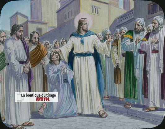 Guérison de l’aveugle-né, dessin, plaque verre ancienne, couleur 8,5x10 cm