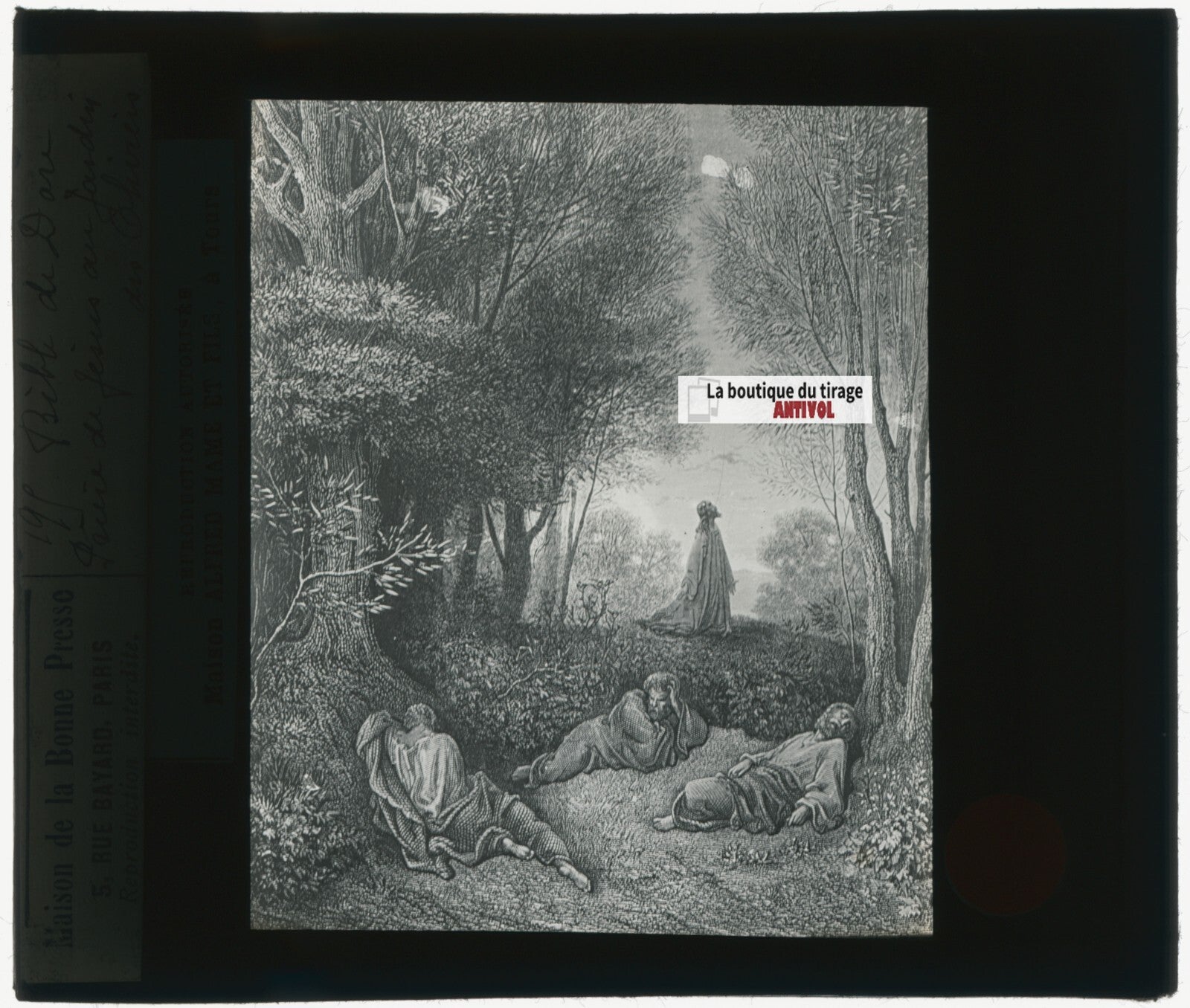 Jésus, jardin oliviers, Bible Doré, dessin, plaque de verre, positif 8,5x10 cm