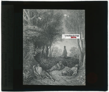 Jésus, jardin oliviers, Bible Doré, dessin, plaque de verre, positif 8,5x10 cm