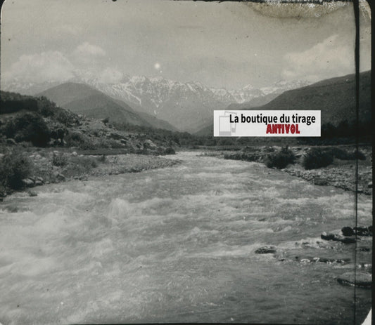 Rivière, Montagne, Maroc, photo ancienne plaque verre, positif 8,5x10 cm