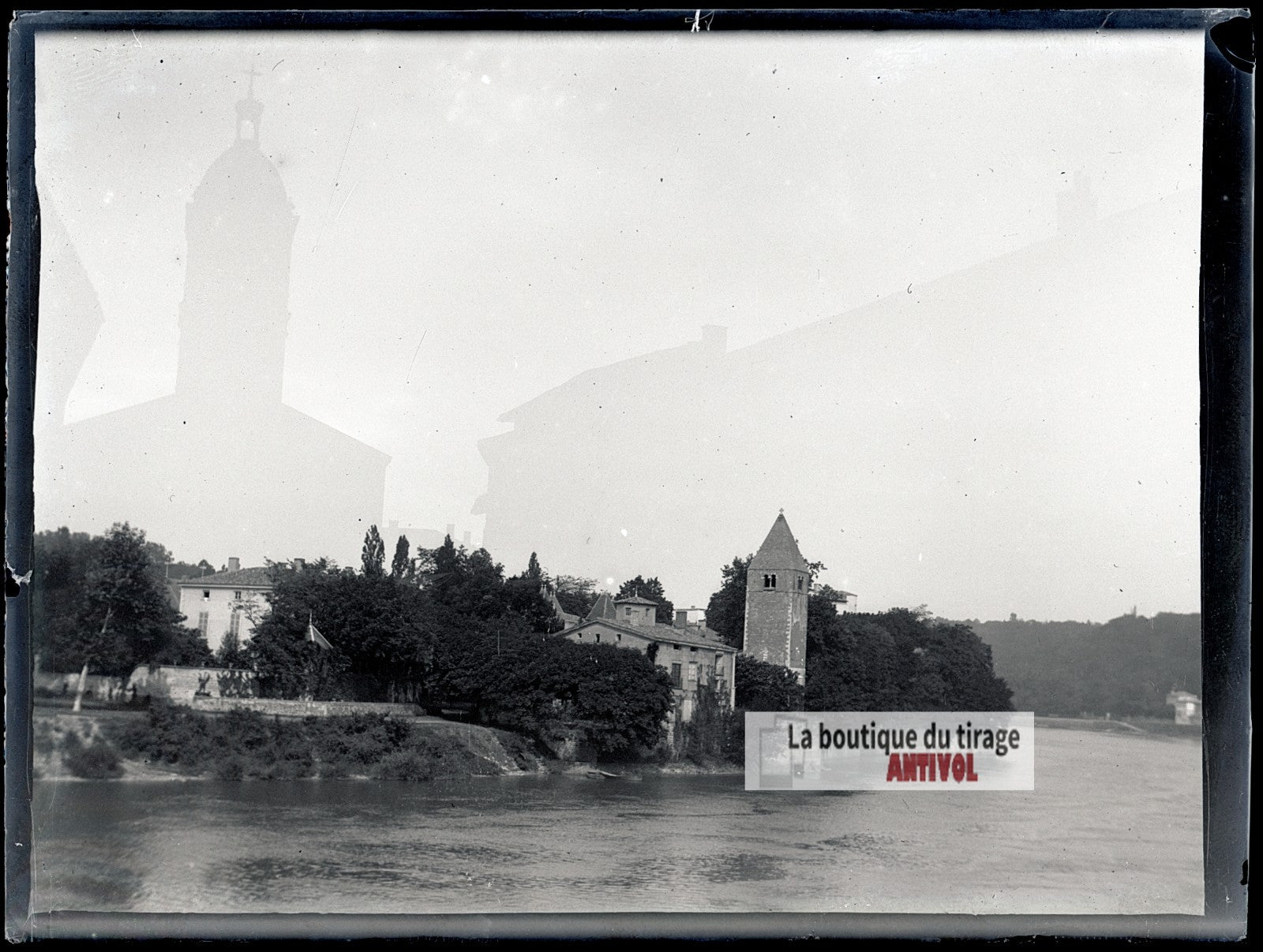 Île Barbe, Lyon, paysage, Saône,plaque verre photo ancienne, négatif 9x12 cm