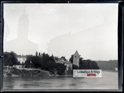Île Barbe, Lyon, paysage, Saône,plaque verre photo ancienne, négatif 9x12 cm