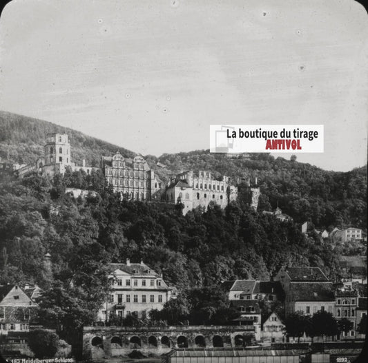 Château de Heidelberg, Allemagne, photo ancienne plaque verre, positif 8,5x10 cm