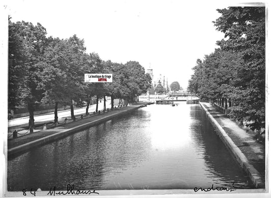 Plaque verre photo positif noir & blanc 13x18 cm Mulhouse, canal Rhône Rhin