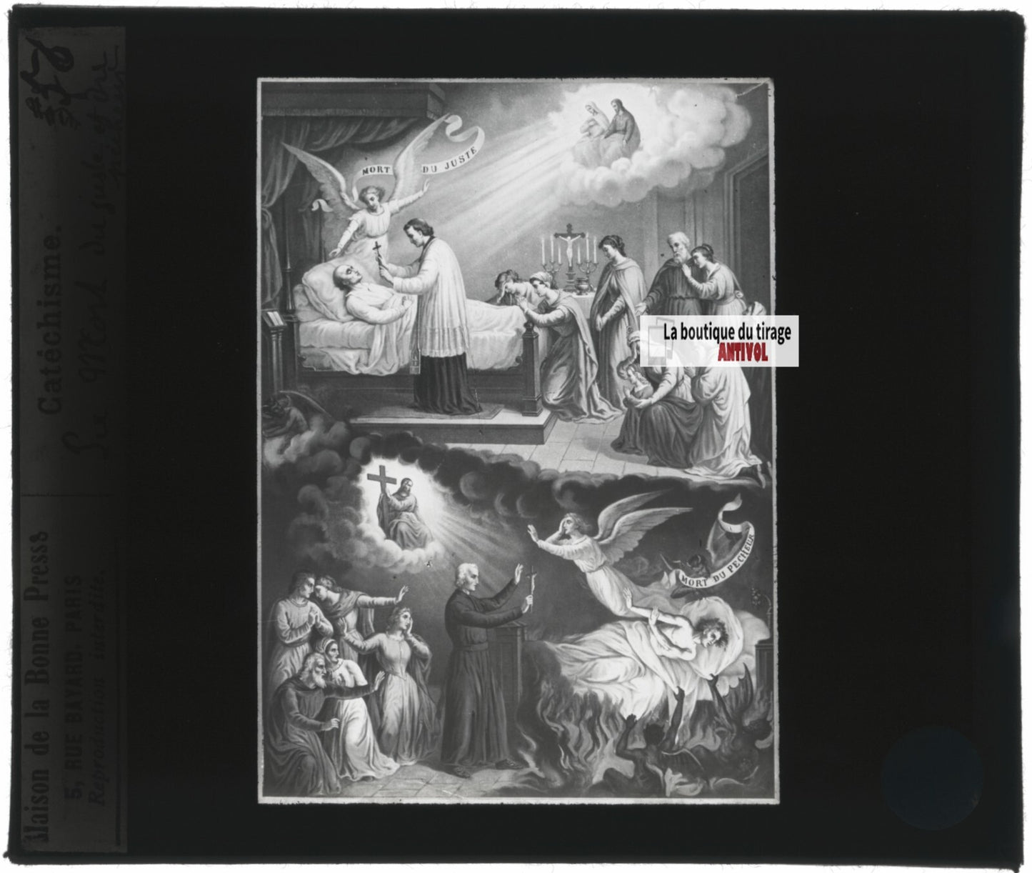 Scène religieuse, catéchisme, dessin peinture, plaque verre, positif 8,5x10 cm